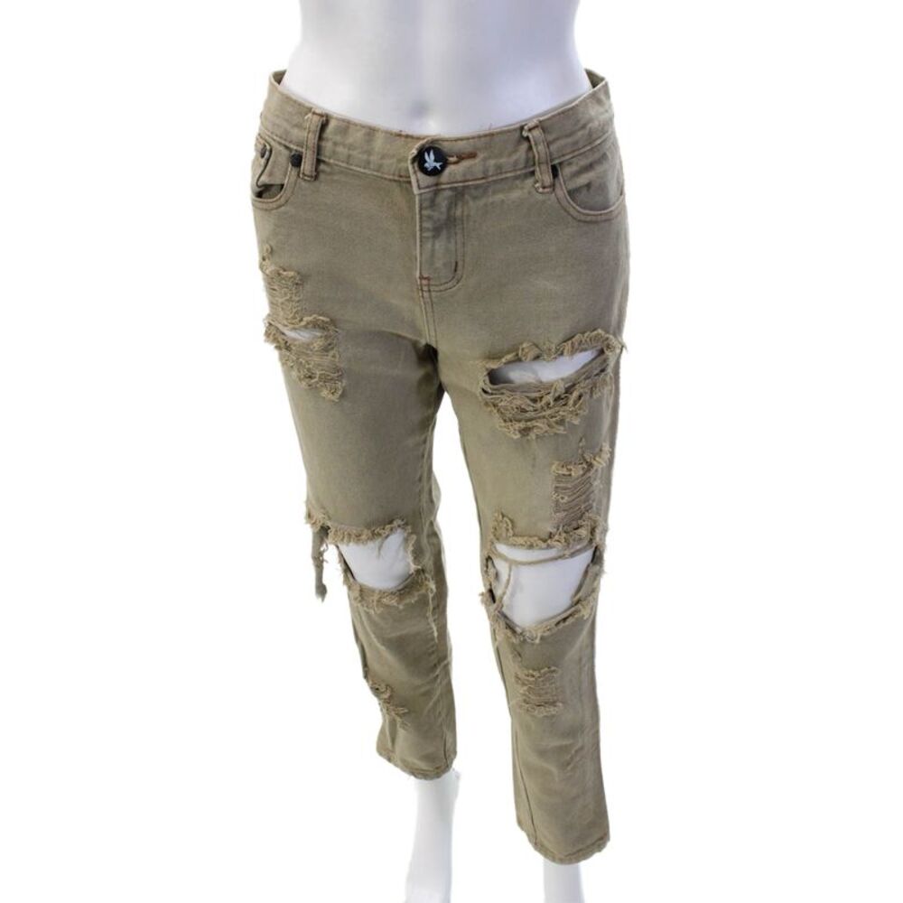 One by One Teaspoon Womens High Rise Embroidered Trim Distressed Jeans Brown 27